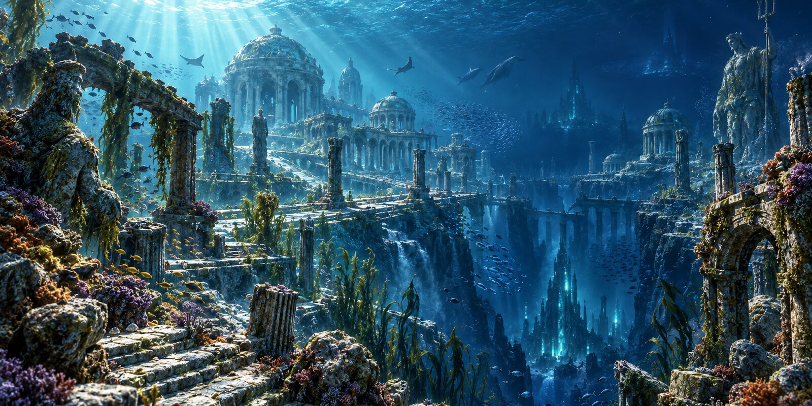 Submerged colonnades under sunbeams