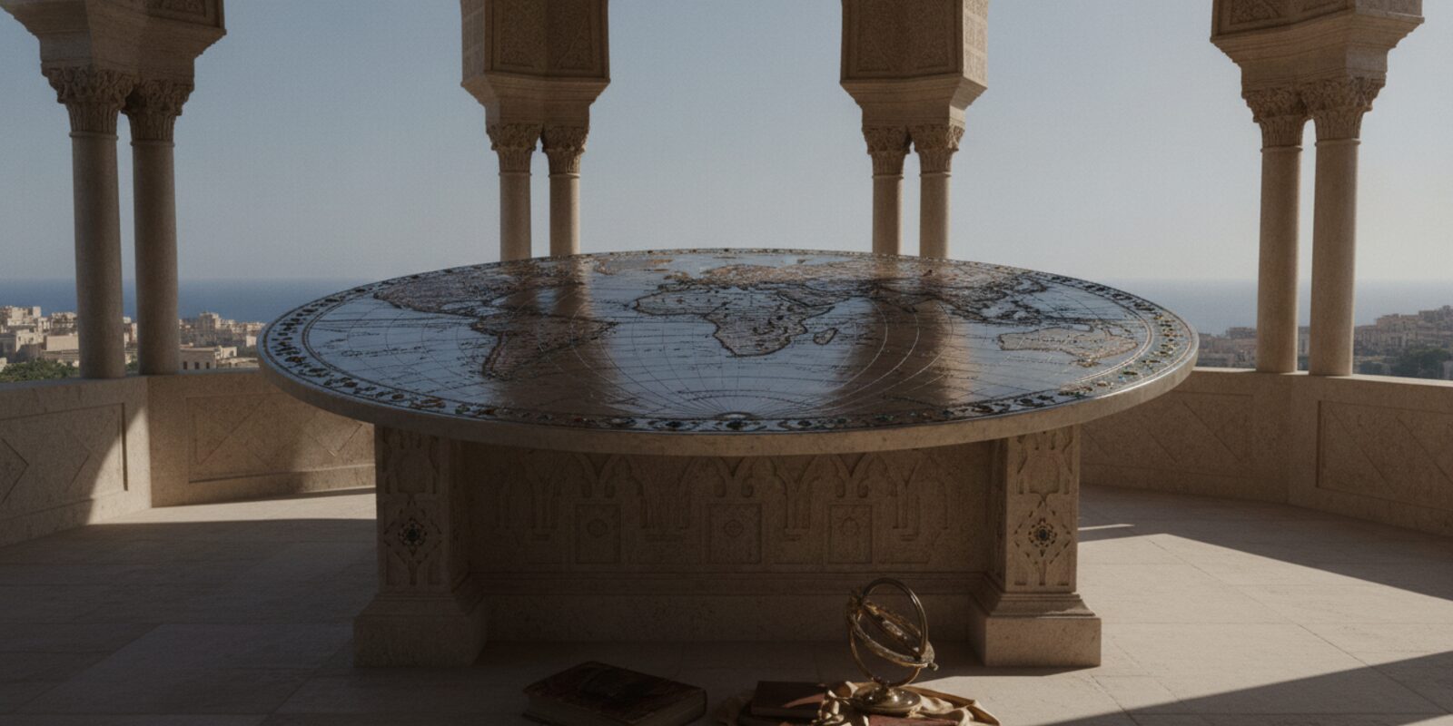 A circular map table in a Norman courtyard